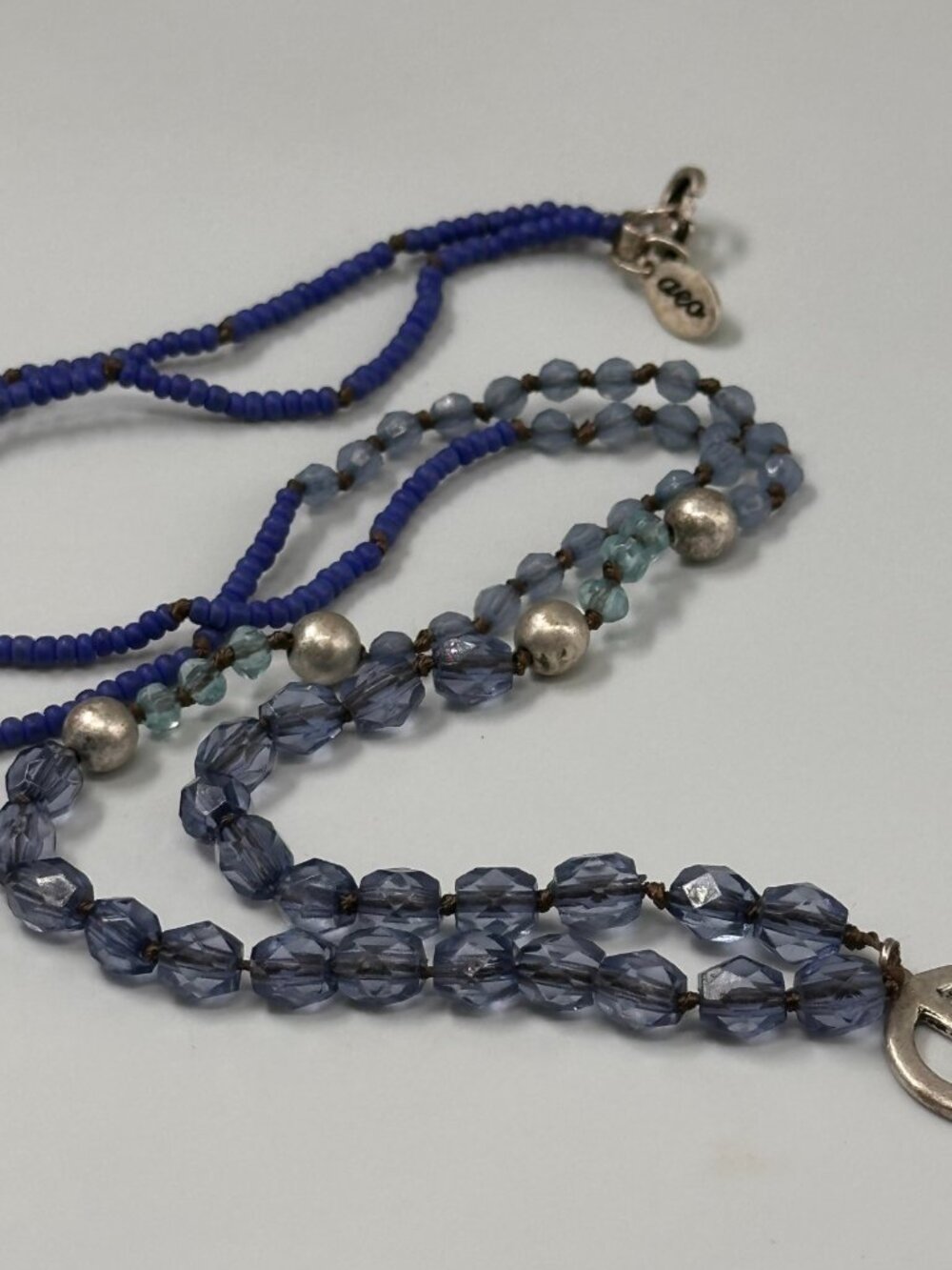 3/$30 American Eagle Necklace Blue Beaded Peace Sign Pendant Silver  Boho 28"